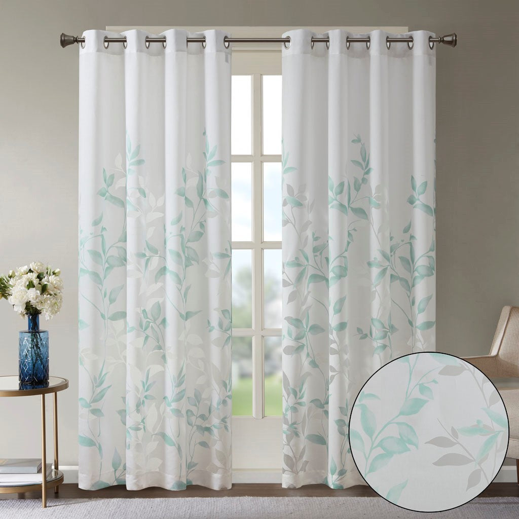 Burnout Printed Curtain Panel with Semi-Sheer Botanical Design - Aqua
