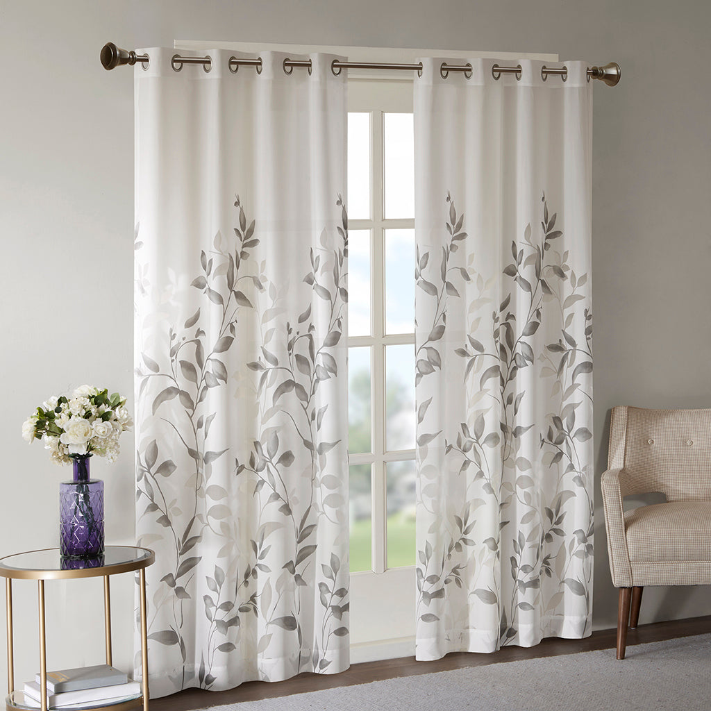 Burnout Printed Curtain Panel with Semi-Sheer Botanical Design - Grey