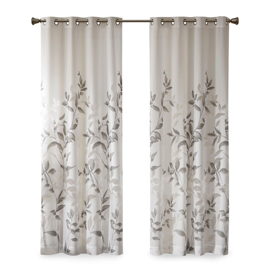 Burnout Printed Curtain Panel with Semi-Sheer Botanical Design - Grey