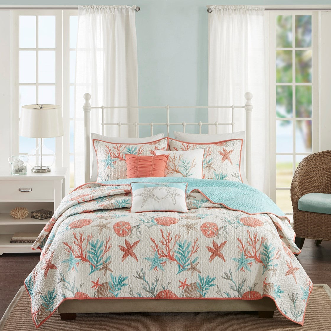 Cotton Sateen Quilt Set with Decorative Throw Pillows - Coral Full/Queen