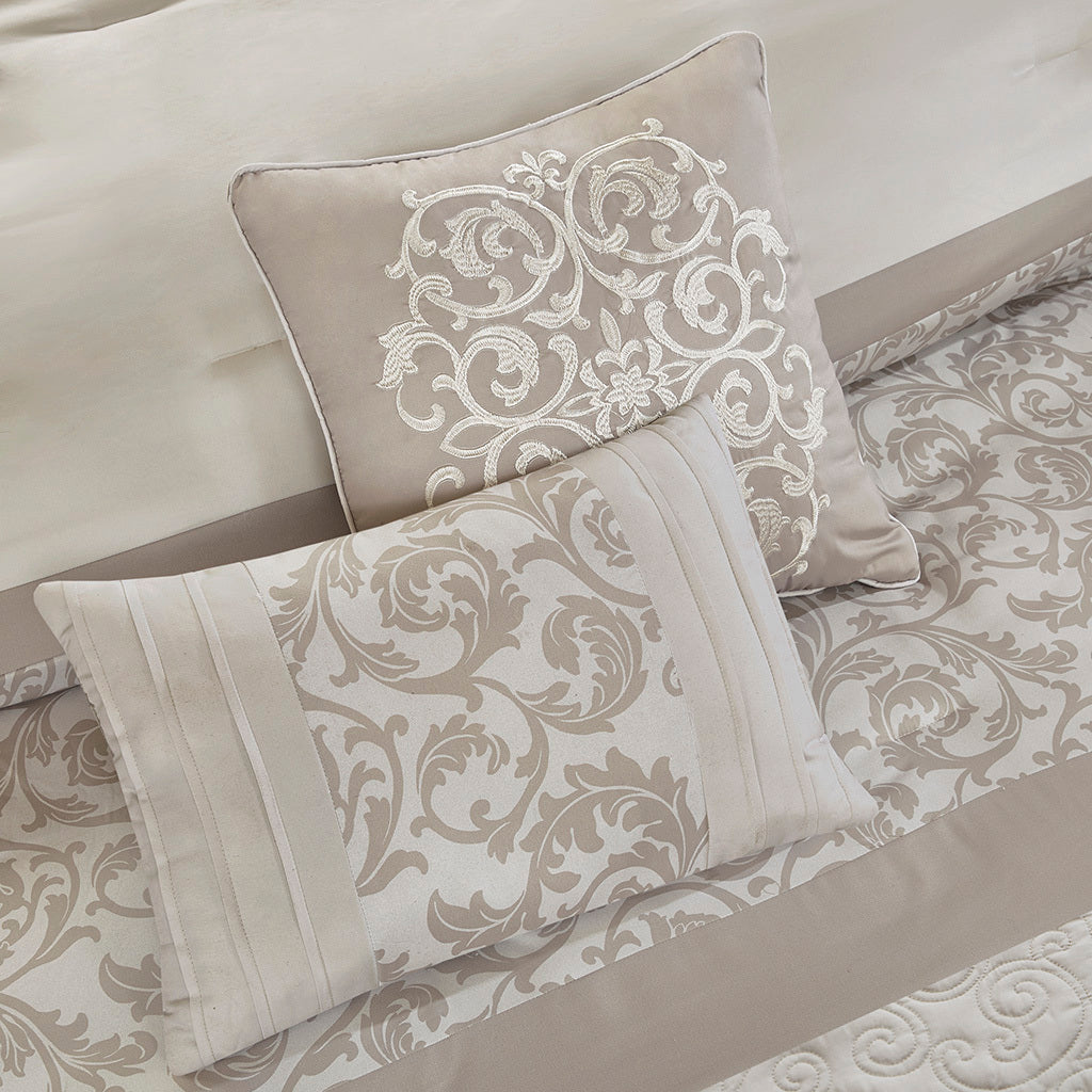 Embroidered 8 Piece Comforter Set with Hypoallergenic Fill - Neutral King