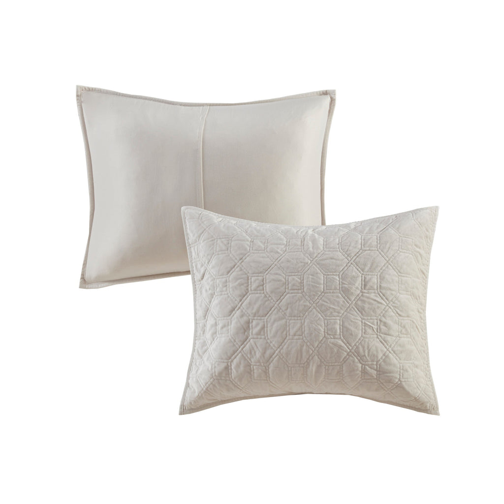 Ivory Velvet Quilt Set with Geometric Quilting - Full/Queen