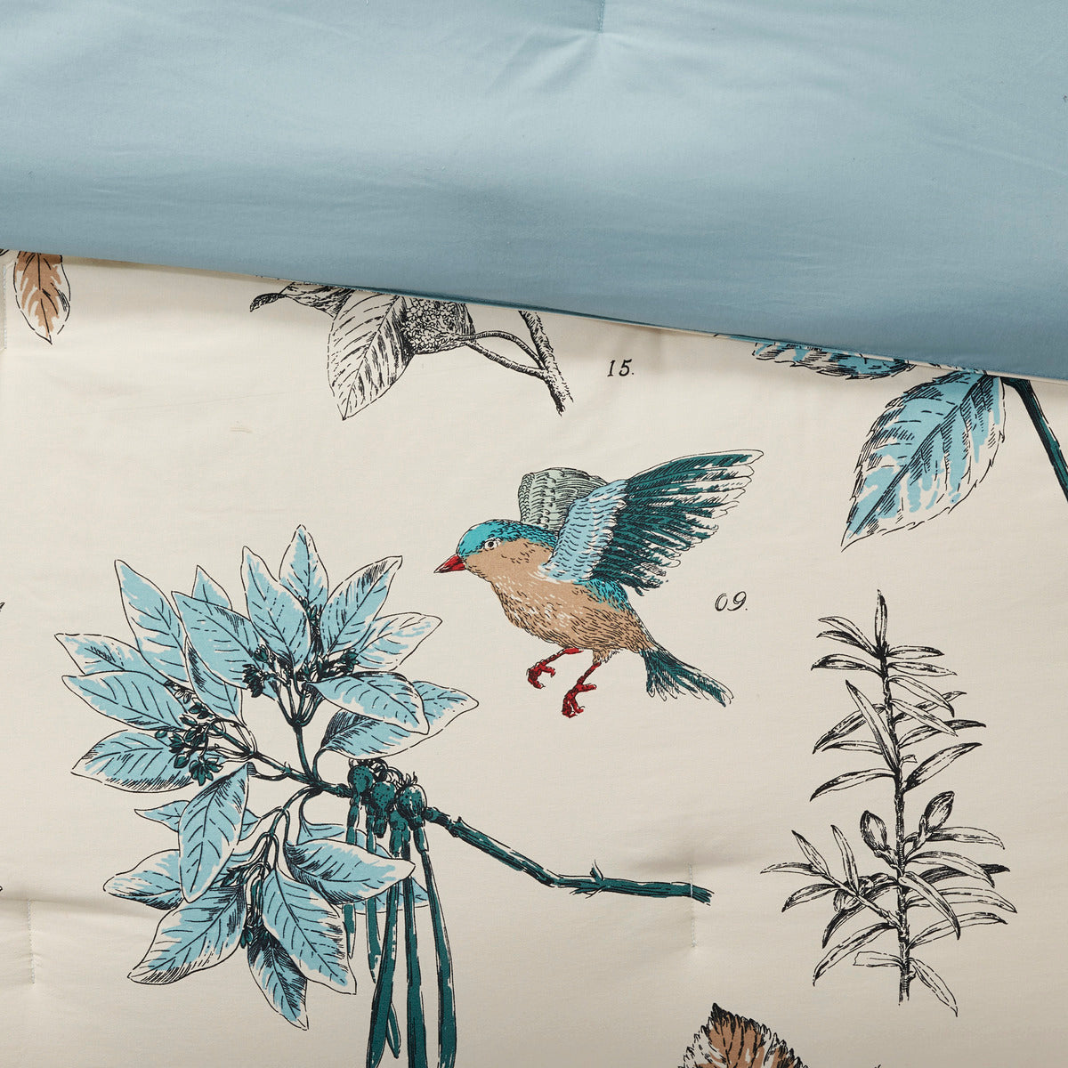 Khaki Printed Cotton Twill Comforter Set with Leaf & Bird Print - 7 Piece Cal King