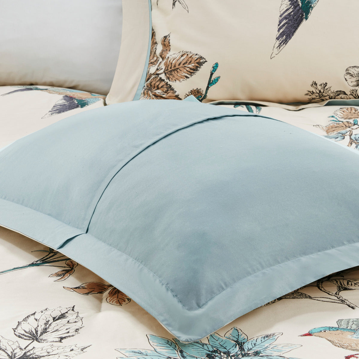 Khaki Printed Cotton Twill Comforter Set with Leaf & Bird Print - 7 Piece Cal King