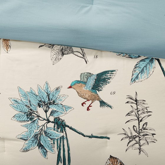 Khaki Printed Cotton Twill Comforter Set with Leaf & Bird Print - 7 Piece Cal King