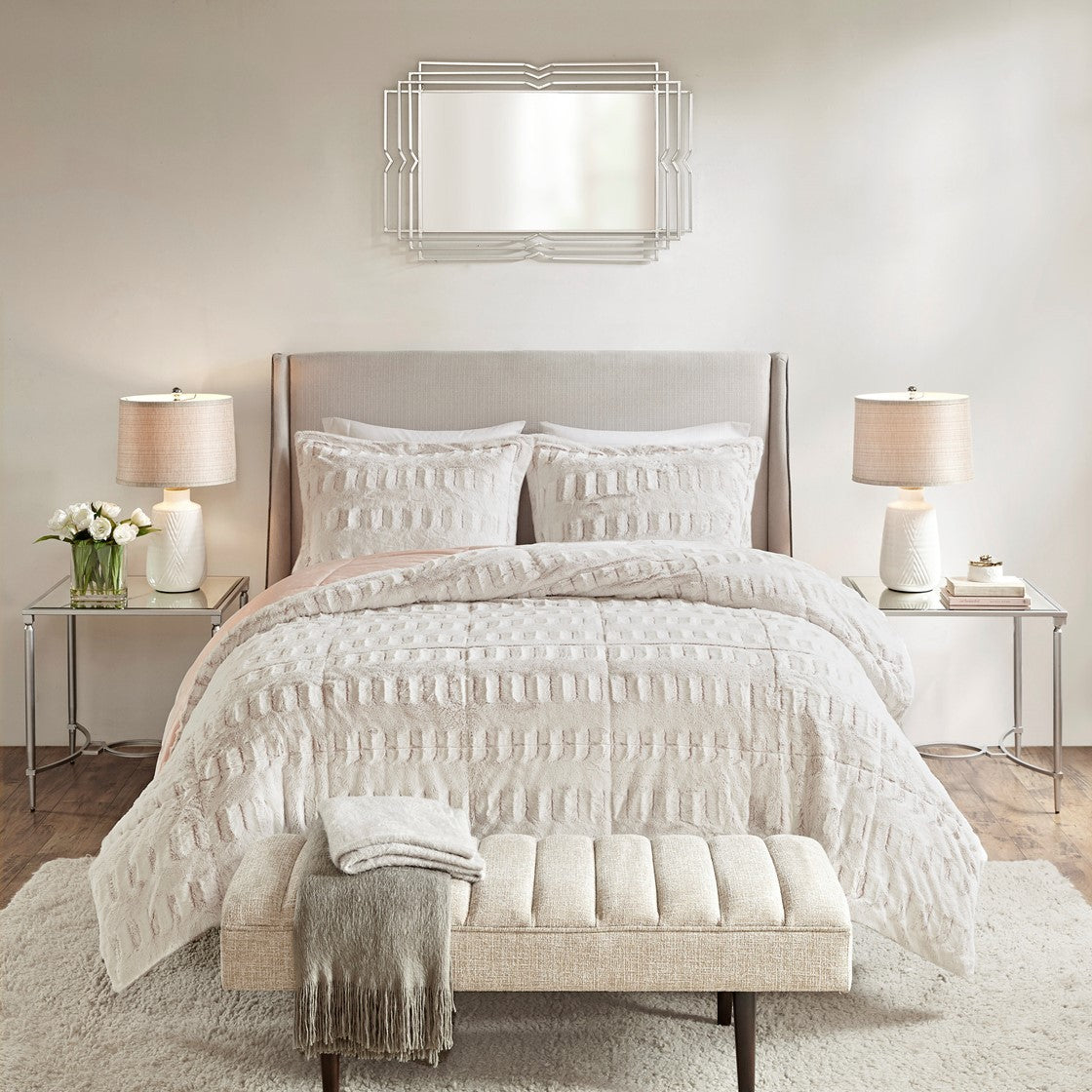 King/Cal King Faux Fur Comforter Mini Set with Hypoallergenic Fill - White