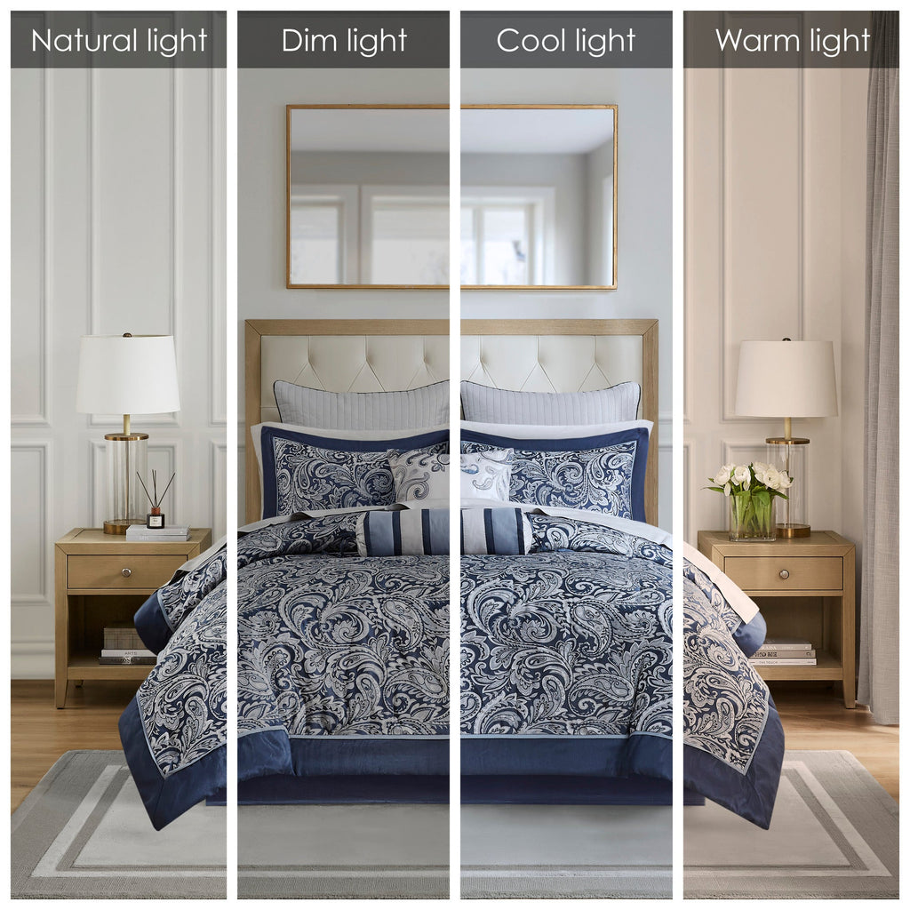 Navy 12 Piece Comforter Set with Cotton Bed Sheets - Queen, Paisley Jacquard
