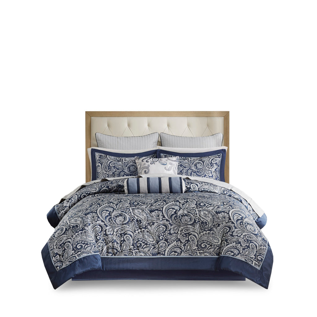 Navy 12 Piece Comforter Set with Cotton Bed Sheets - Queen, Paisley Jacquard