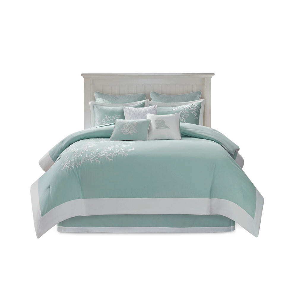 Oversized Cotton Jacquard Comforter Set with Coral Embroidery – Aqua