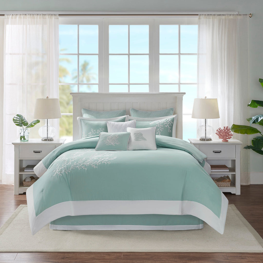 Oversized Cotton Jacquard Comforter Set with Coral Embroidery – Aqua