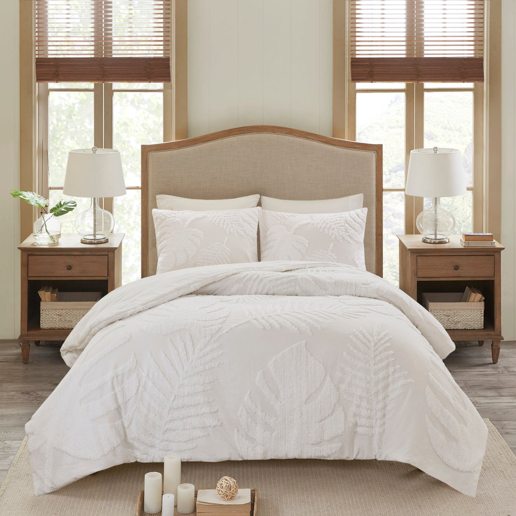 Tufted Cotton Chenille Palm Comforter Set with Palm Leaf Design - Off White