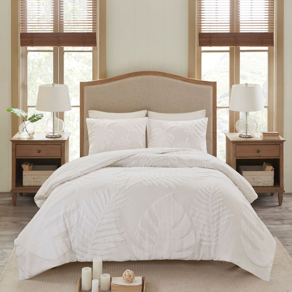 Tufted Cotton Chenille Palm Comforter Set with Palm Leaf Design - Off White