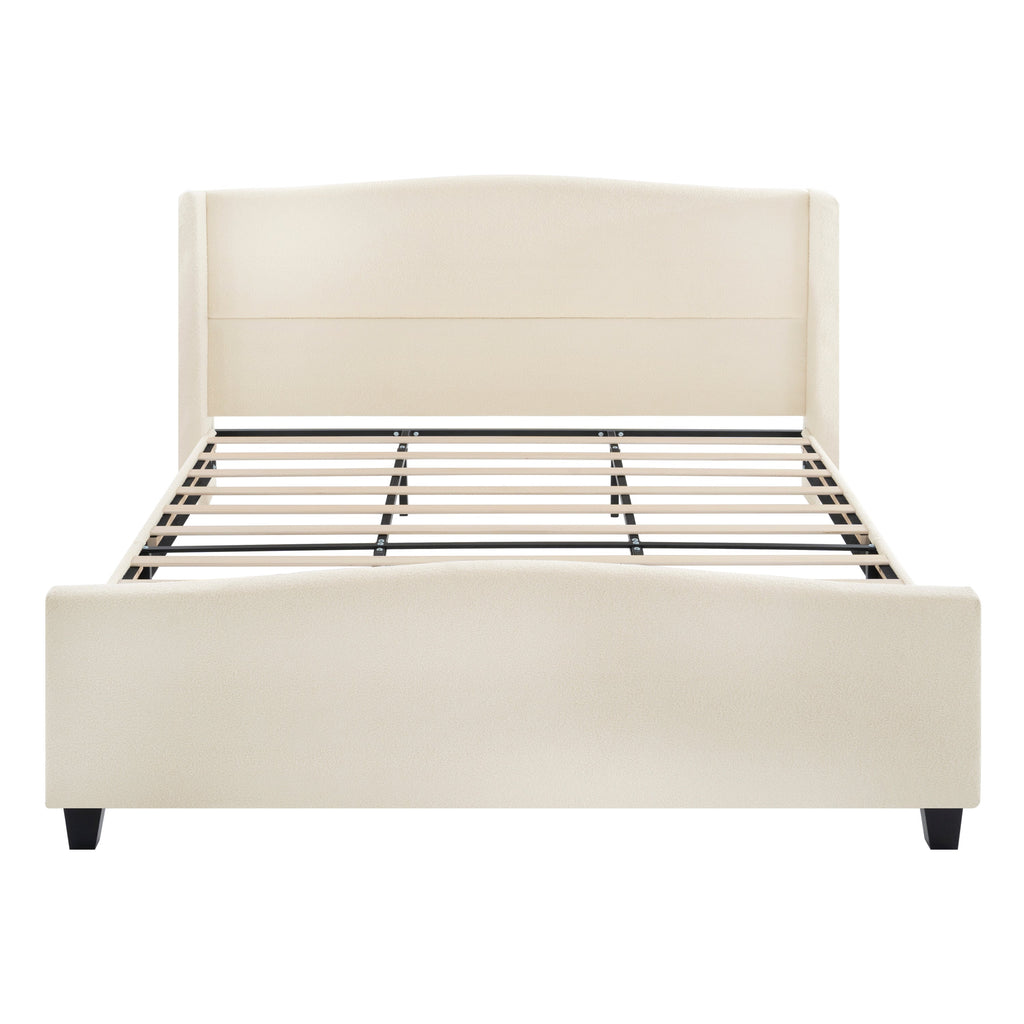 King Size Bed Frame with Upholstered Teddy Velvet Headboard - White