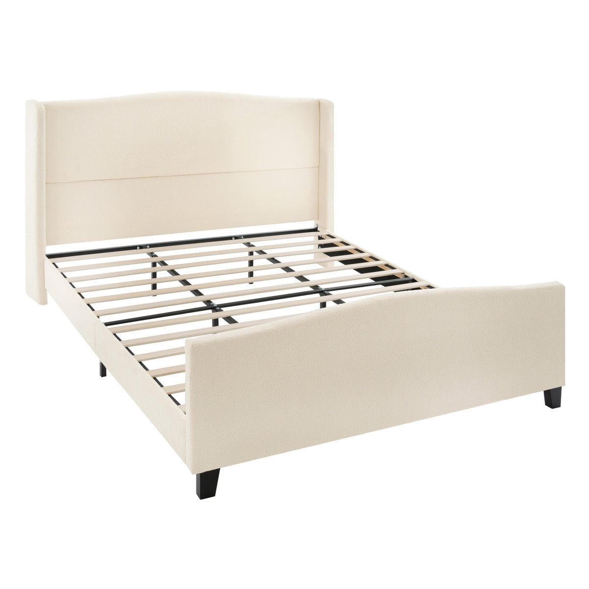 King Size Bed Frame with Upholstered Teddy Velvet Headboard - White