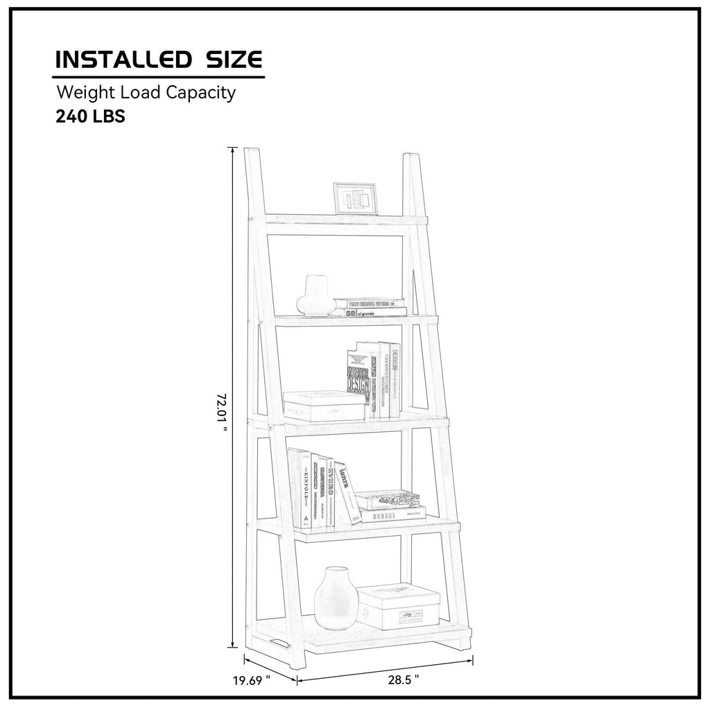 5-Tier Ladder Shelf with Rubber Wood Frame - Grey & White