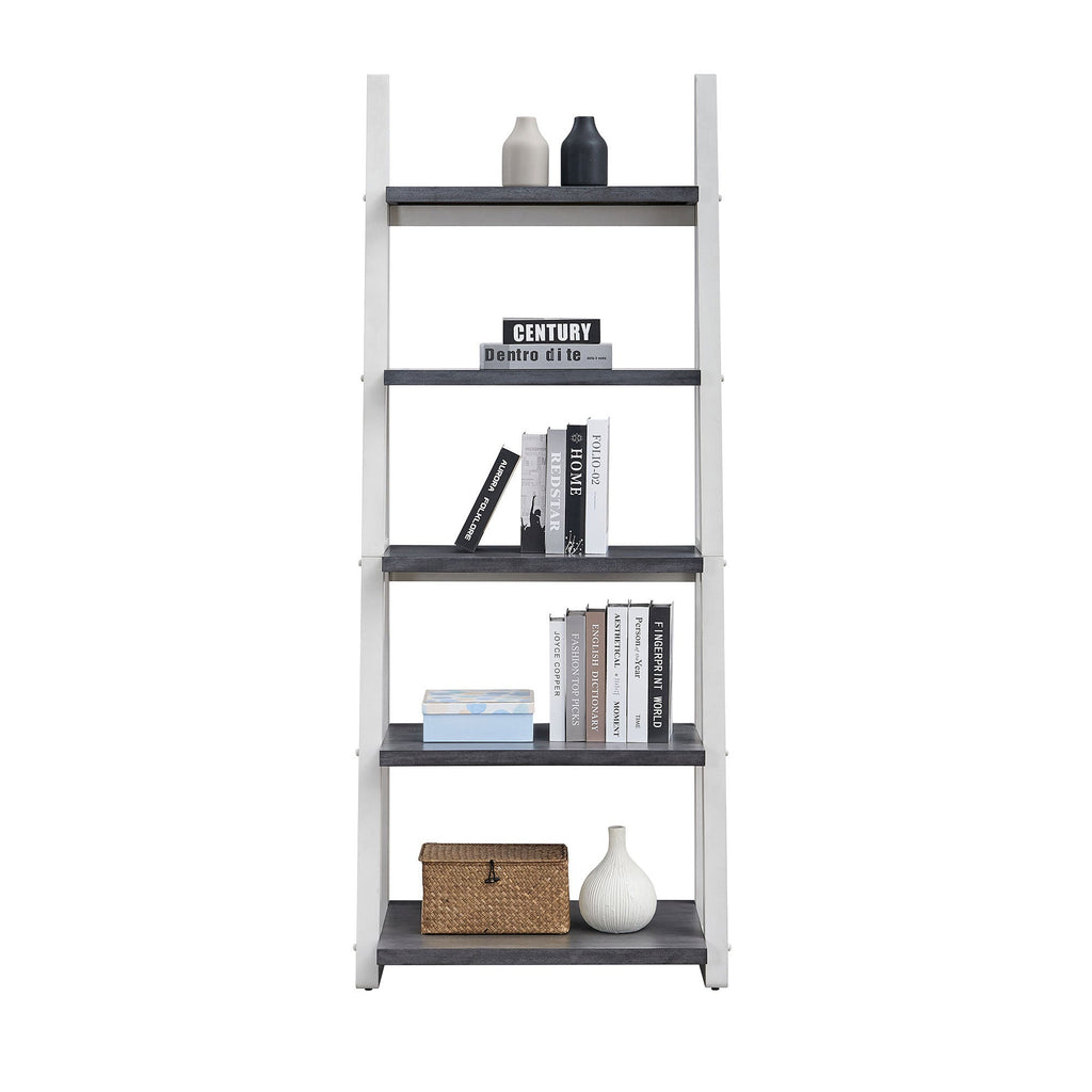 5-Tier Ladder Shelf with Rubber Wood Frame - Grey & White