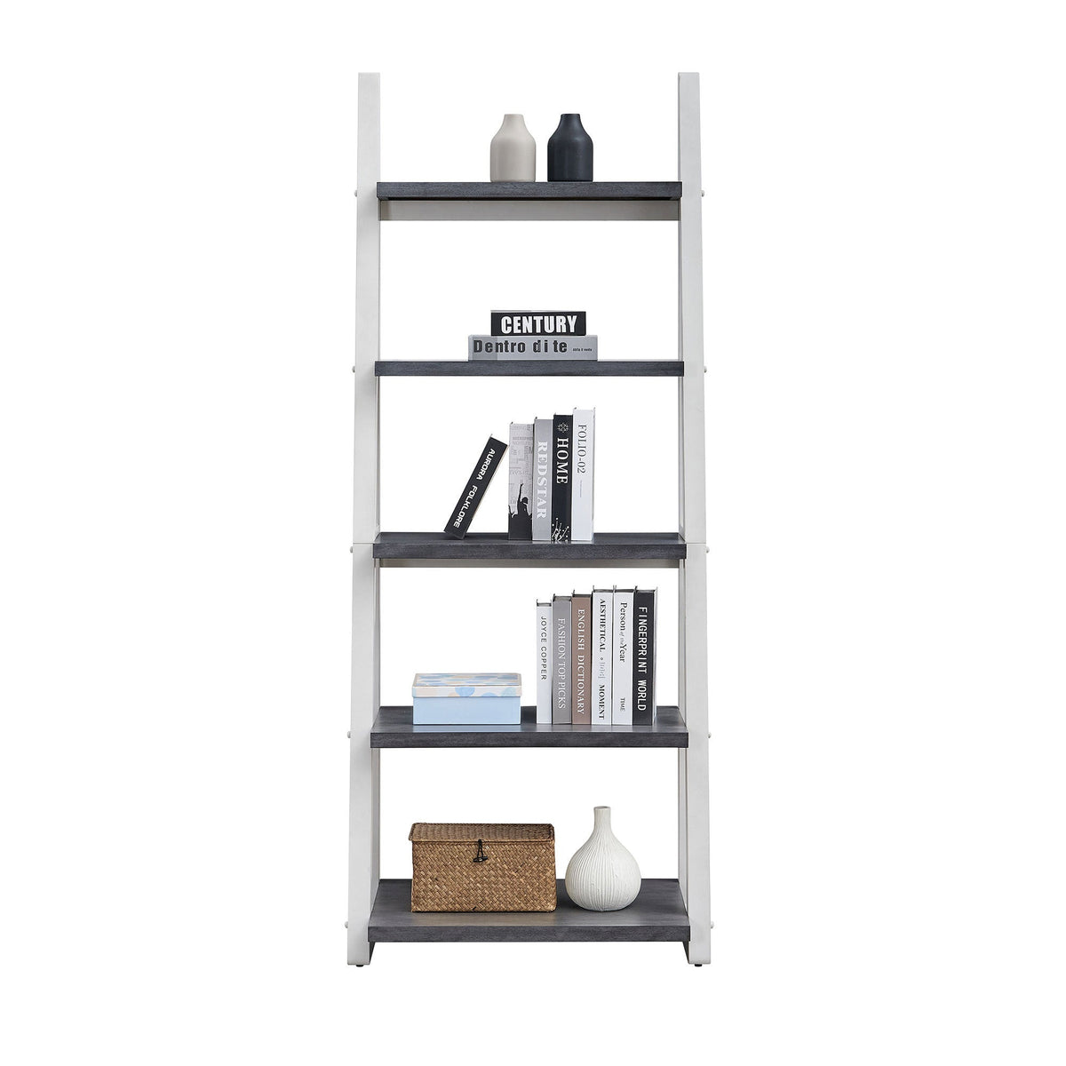 5-Tier Ladder Shelf with Rubber Wood Frame - Grey & White
