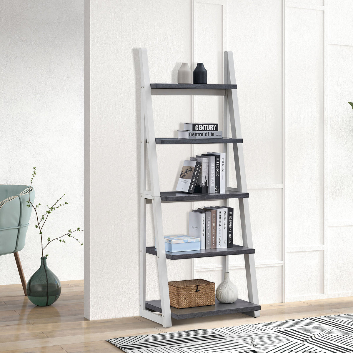 5-Tier Ladder Shelf with Rubber Wood Frame - Grey & White