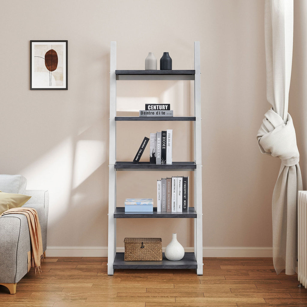 5-Tier Ladder Shelf with Rubber Wood Frame - Grey & White