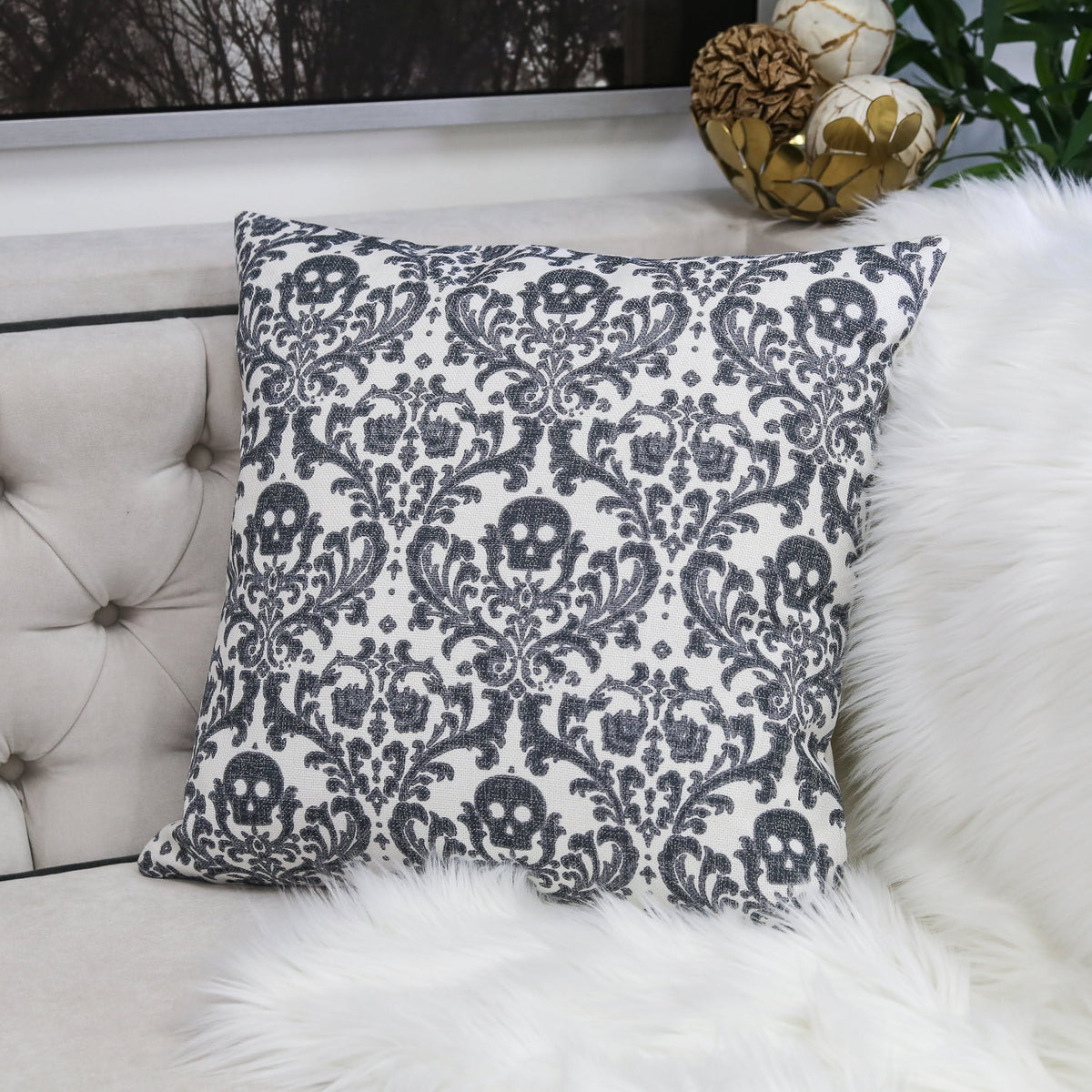 Baroque Skull Damask Accent Pillow with Removable Cover - Black & White