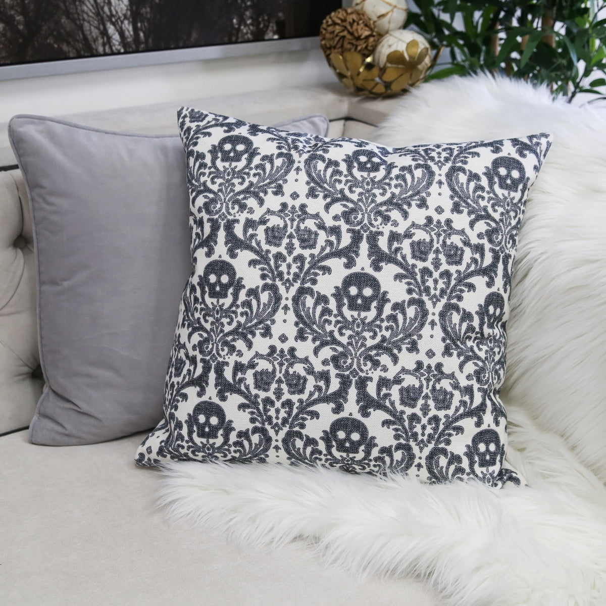 Baroque Skull Damask Accent Pillow with Removable Cover - Black & White