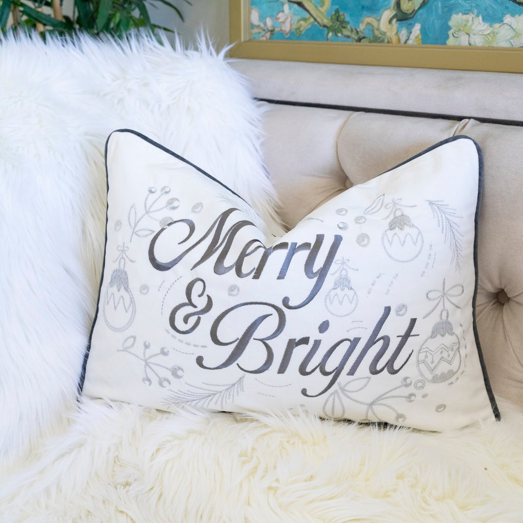 Christmas Throw Pillow with Silver Embroidery – White & Silver