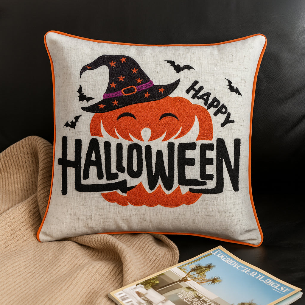 Embroidered Halloween Pumpkin Accent Pillow with Festive Detailing - Neutral