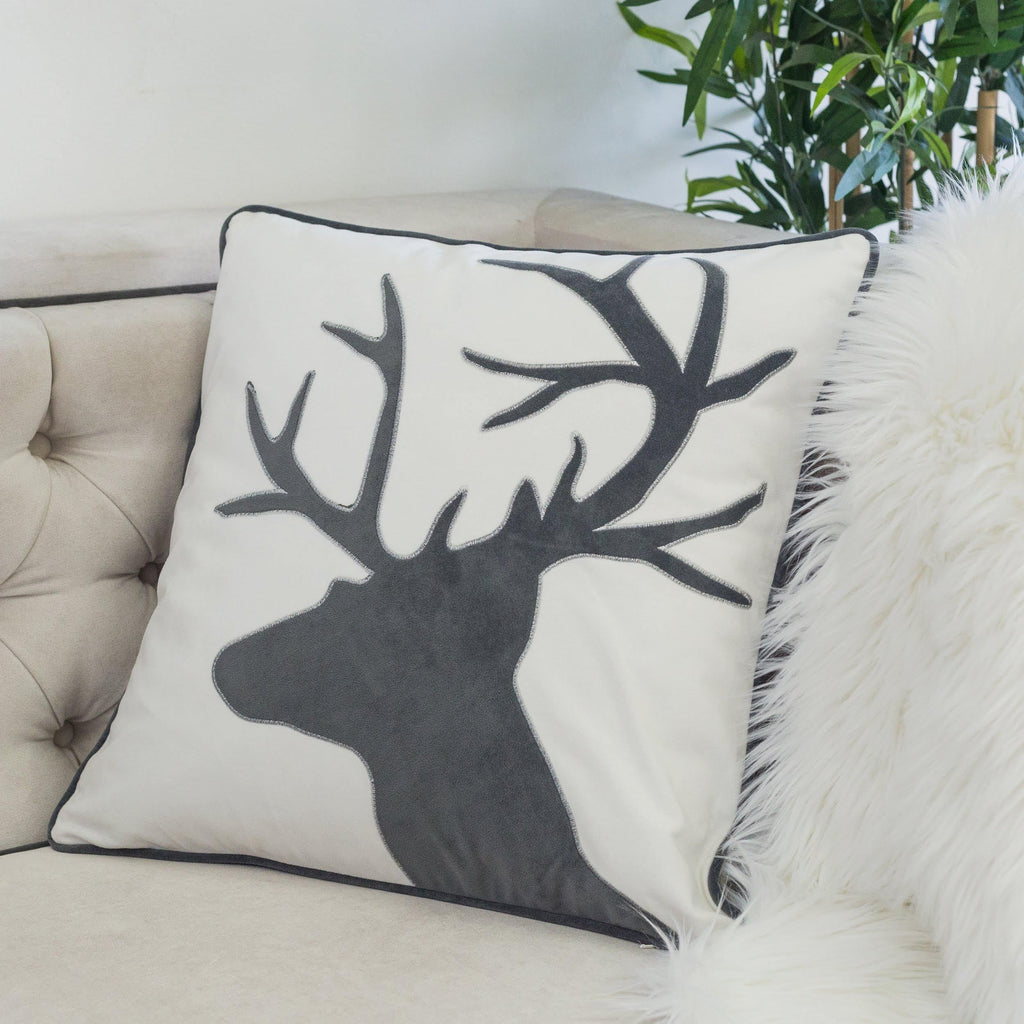 Holiday Reindeer Velvet Accent Pillow with Insert - White and Gray