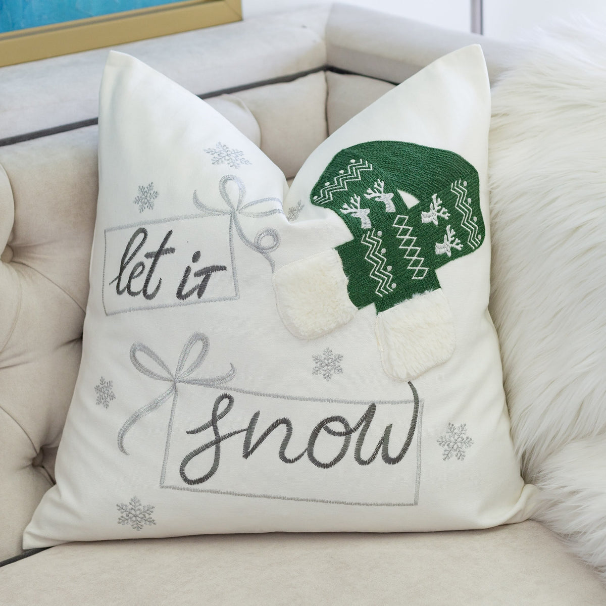 Let It Snow Christmas Throw Pillow with Embroidered Knit Hat - White/Green