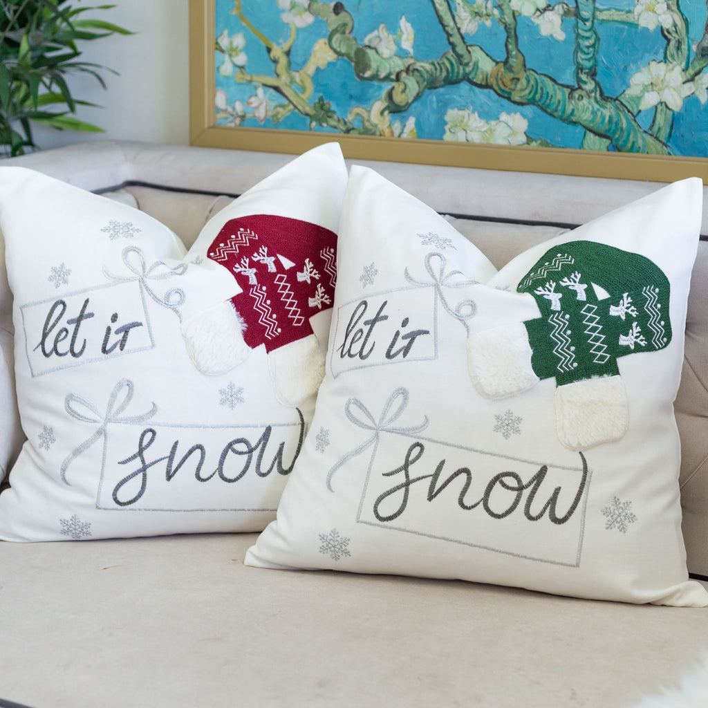 Let It Snow Christmas Throw Pillow with Embroidered Knit Hat - White/Green
