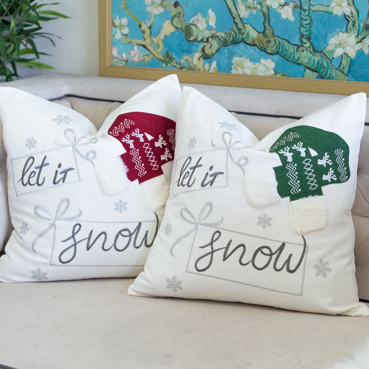 Let It Snow Christmas Throw Pillow with Embroidered Knit Hat - White/Green