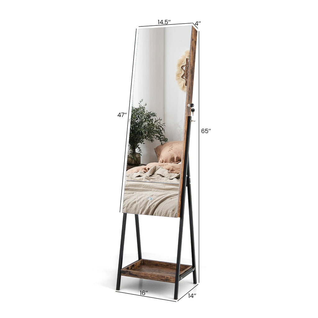 Lockable Freestanding Jewelry Organizer with Full-Length Frameless Mirror