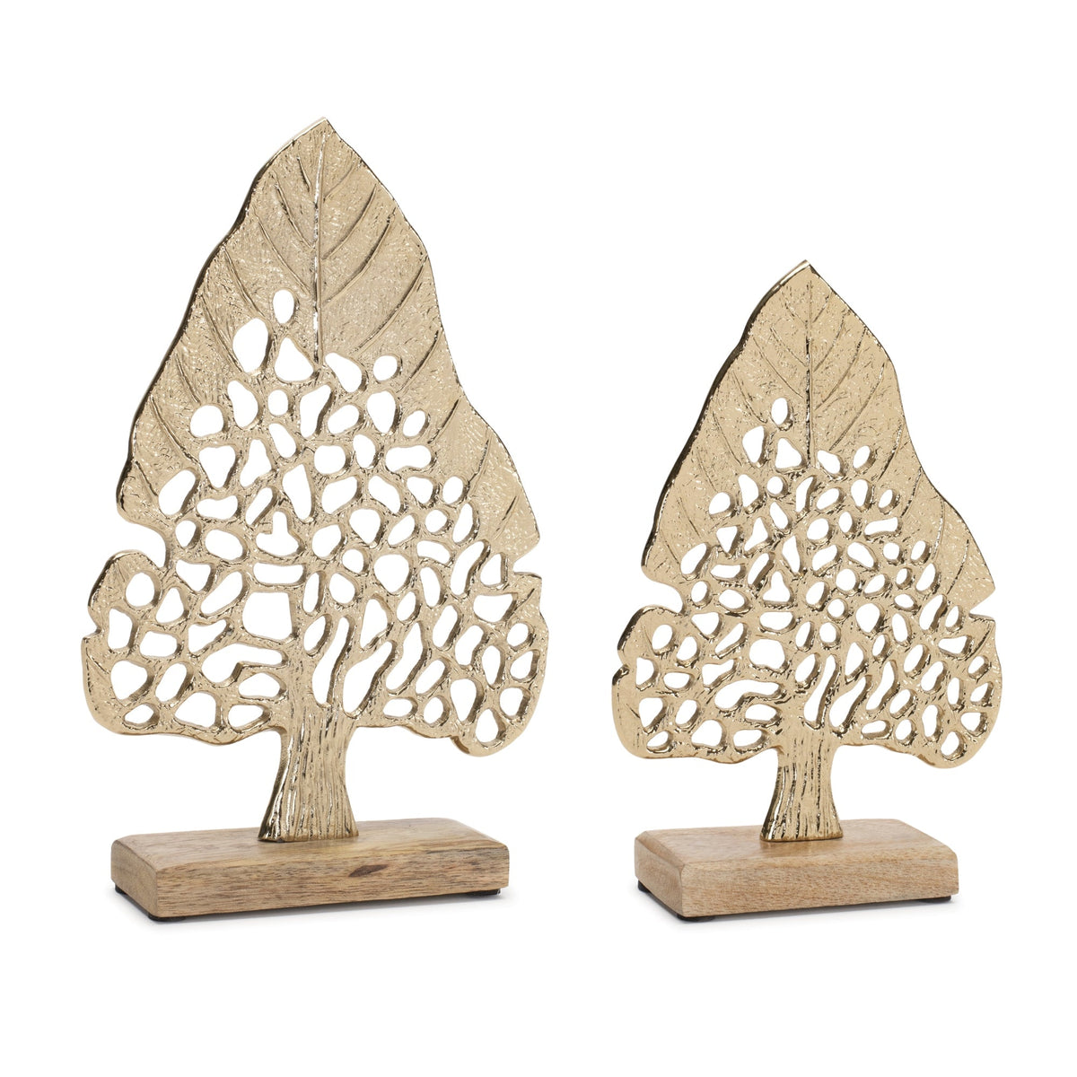 Modern Metal Leaf Tree on Wood Base (Set of 2)