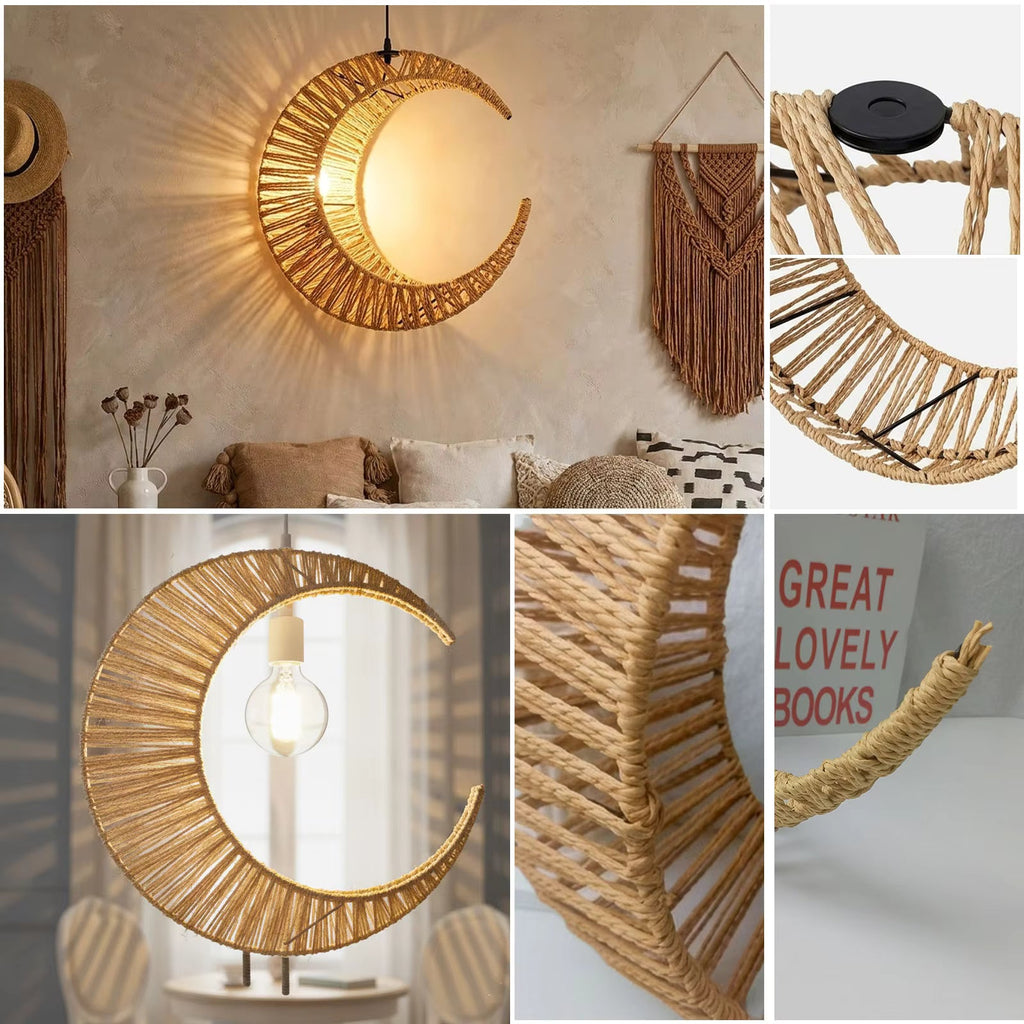 Handcrafted Crescent Moon Natural Hemp Pendant Light | Woven Hanging Lamp