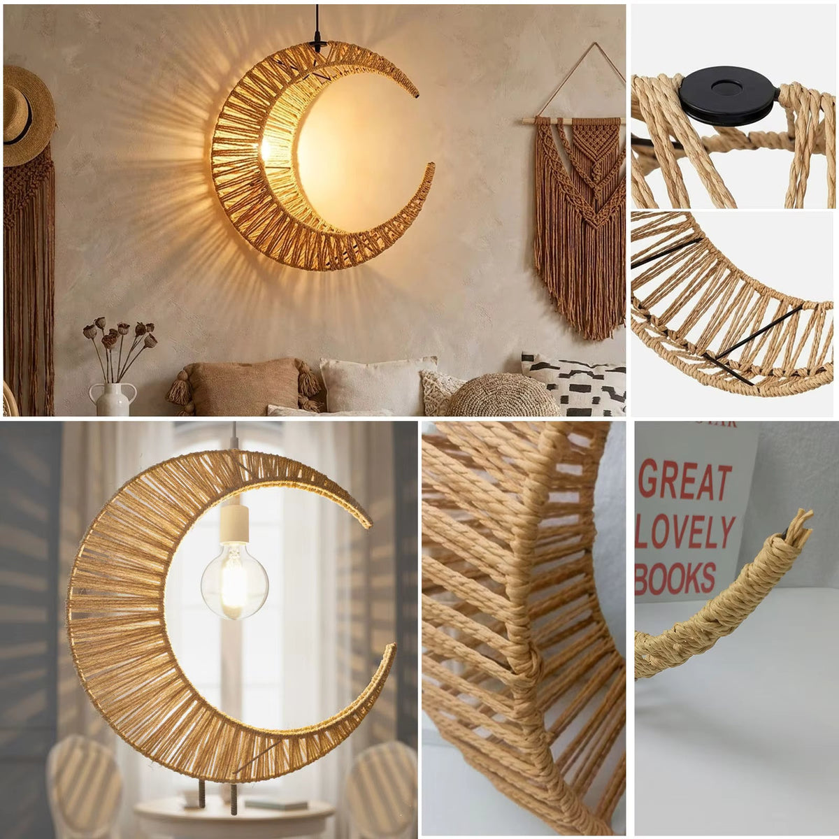 Handcrafted Crescent Moon Natural Hemp Pendant Light | Woven Hanging Lamp