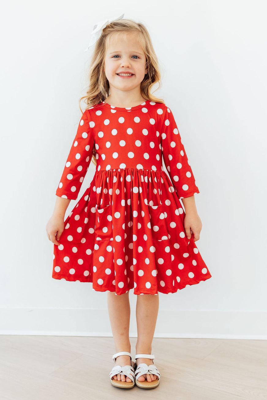 Red Polka Dots 3/4 Sleeve Pocket Twirl Dress