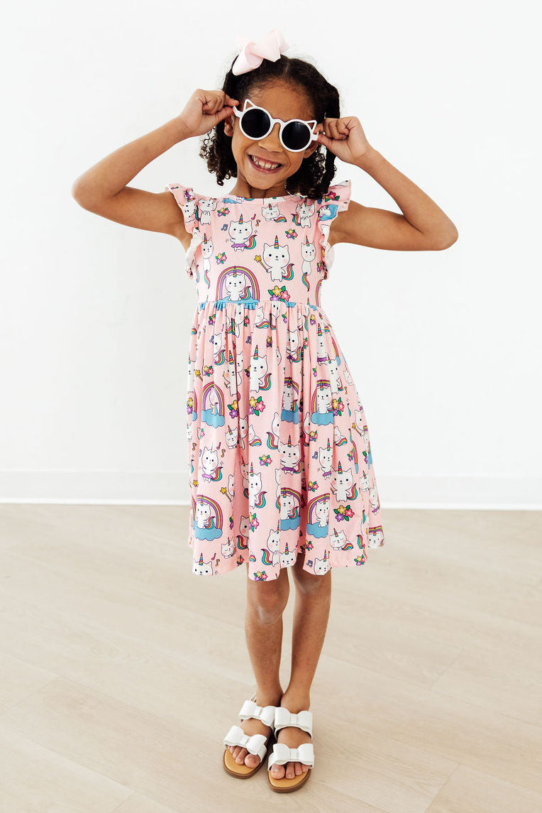 Rainbow Purr-fection Flutter Sleeve Twirl Dress