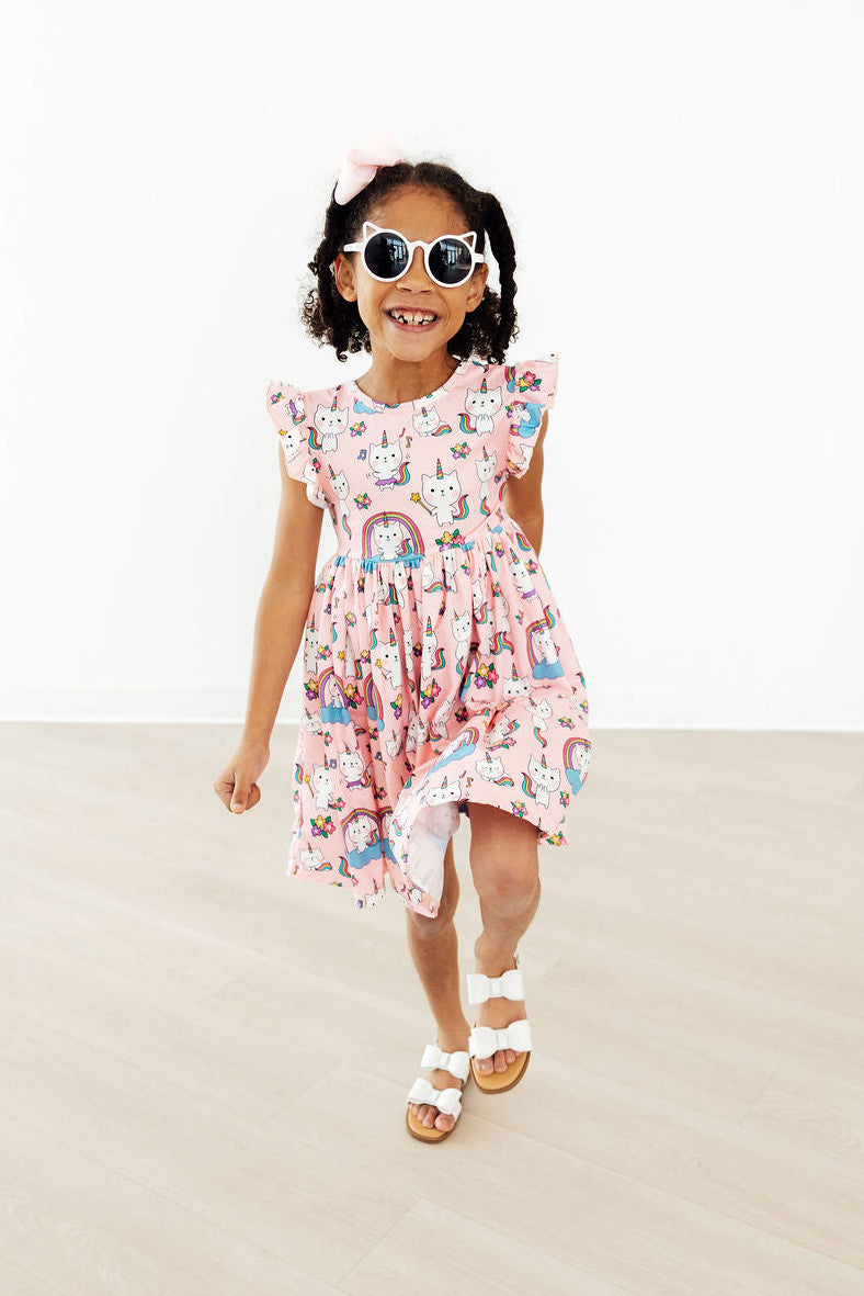 Rainbow Purr-fection Flutter Sleeve Twirl Dress