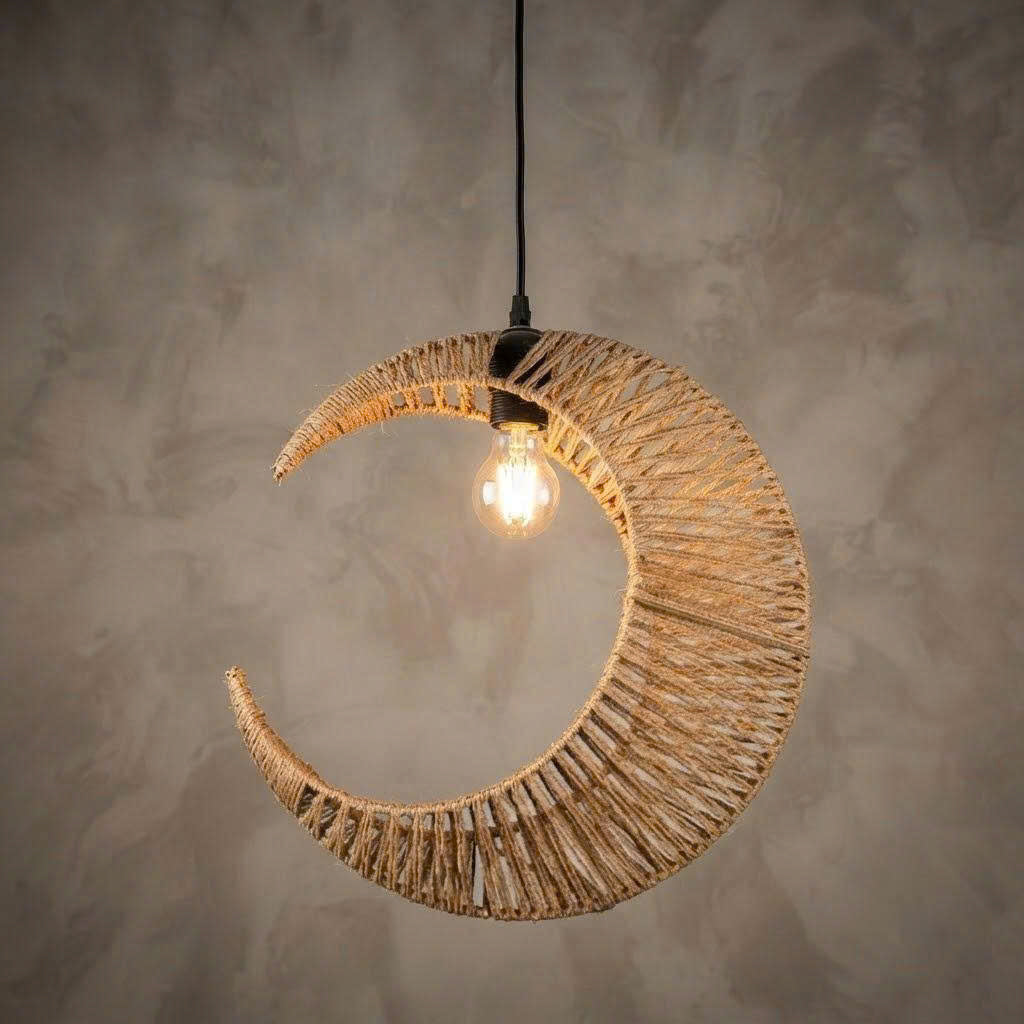 Handcrafted Crescent Moon Natural Hemp Pendant Light | Woven Hanging Lamp