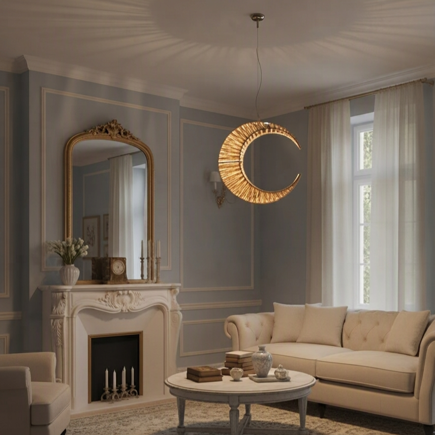 Handcrafted Crescent Moon Natural Hemp Pendant Light | Woven Hanging Lamp