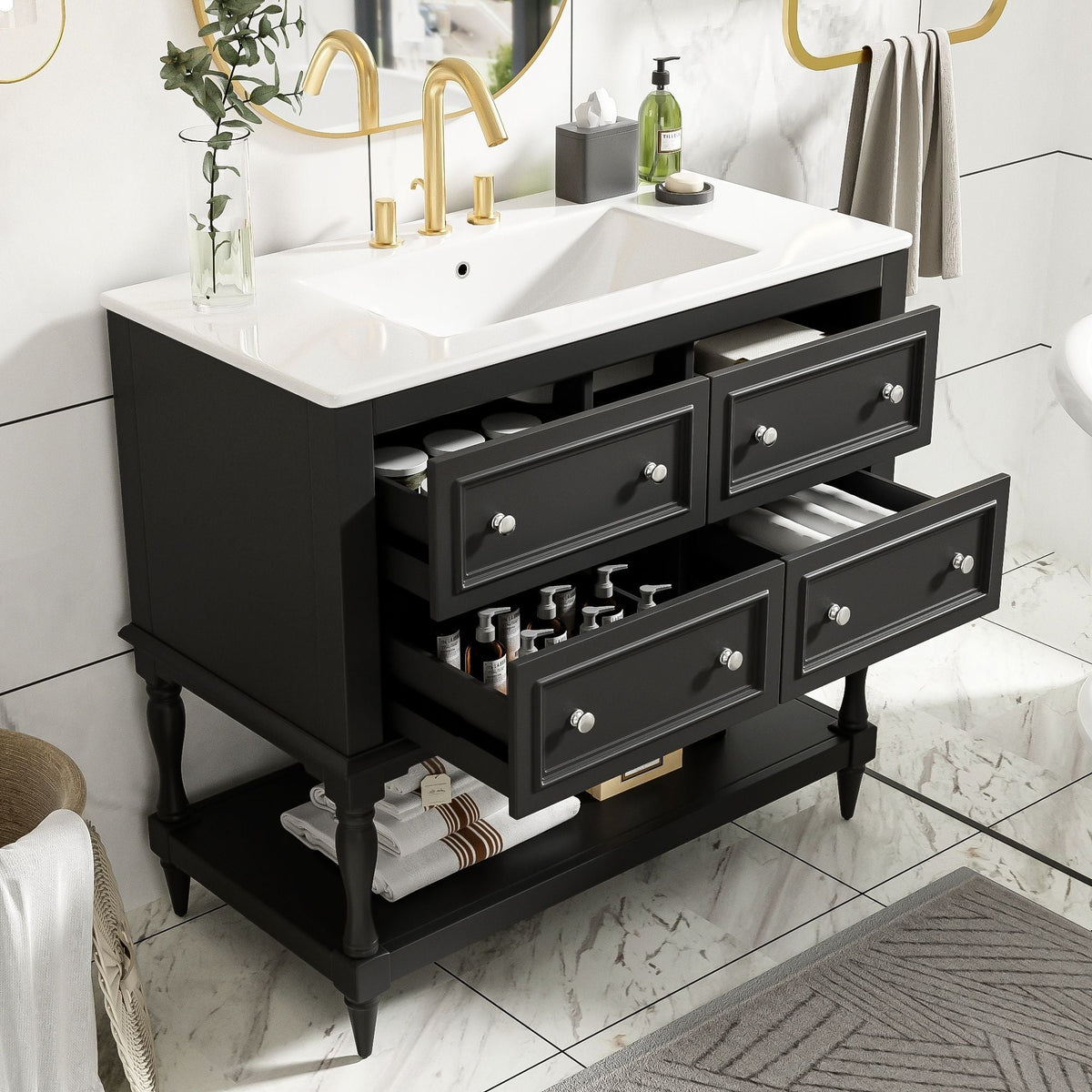 36" Bathroom Vanity Cabinet with Undermount Sink and 4 Drawers - Beige, Black, White