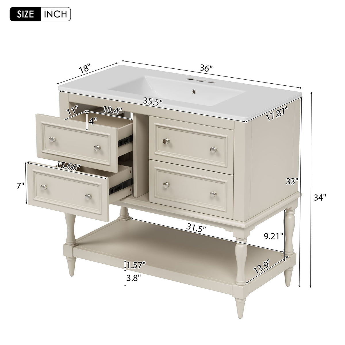 36" Bathroom Vanity Cabinet with Undermount Sink and 4 Drawers - Beige, Black, White