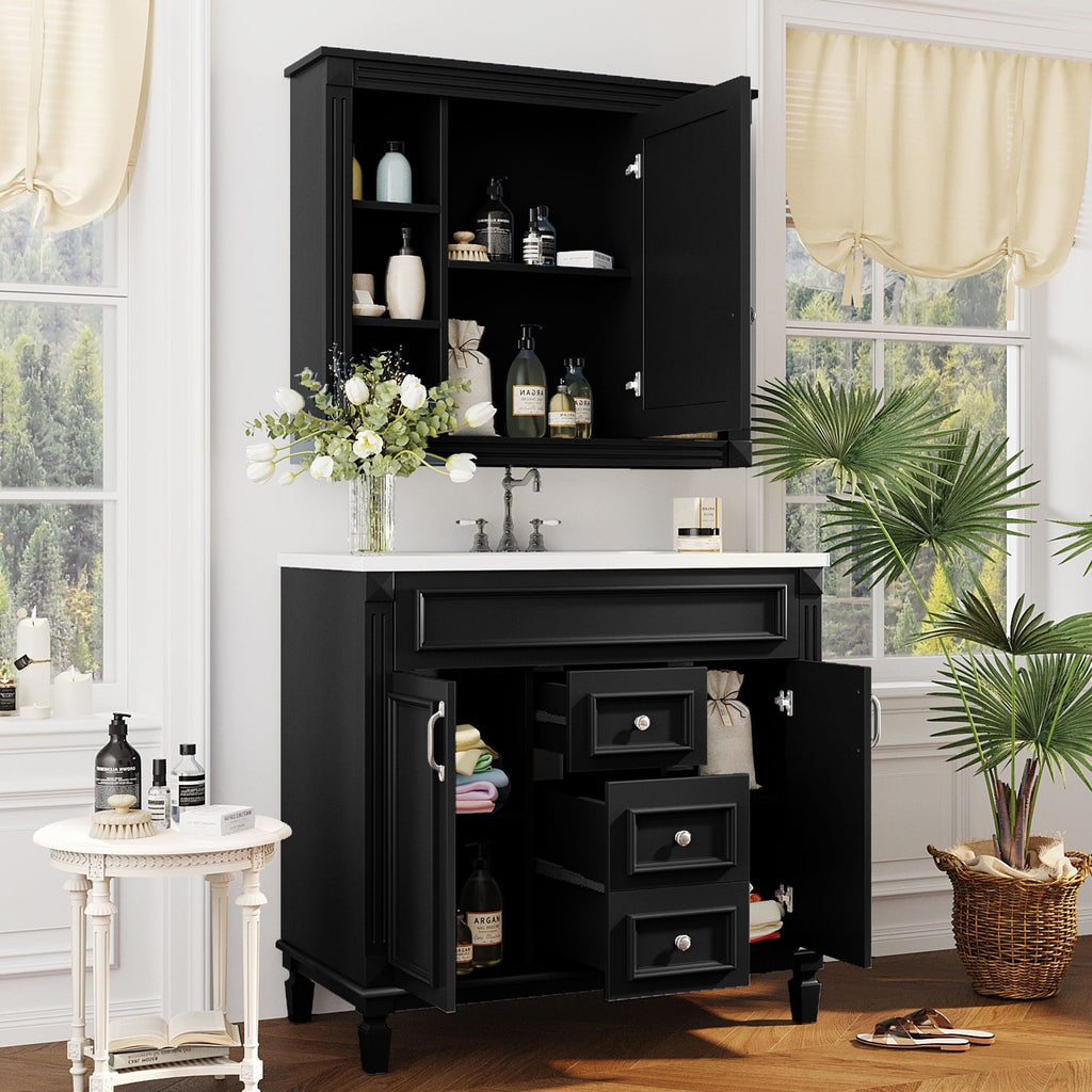 Bathroom Vanity with Sink and Mirror Cabinet with Soft-Closing Doors - Black, Blue, White, Dark Gray
