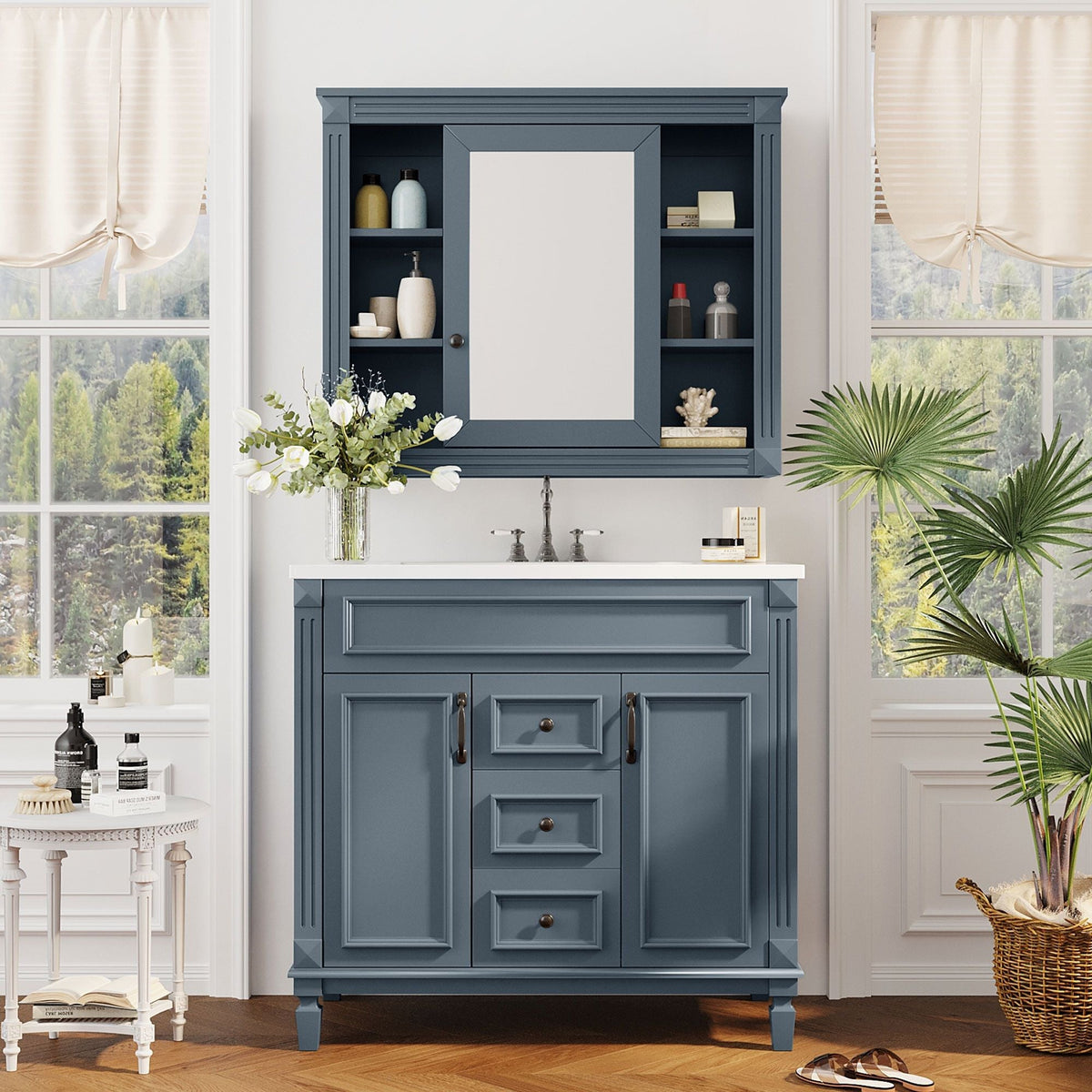 Bathroom Vanity with Sink and Mirror Cabinet with Soft-Closing Doors - Black, Blue, White, Dark Gray