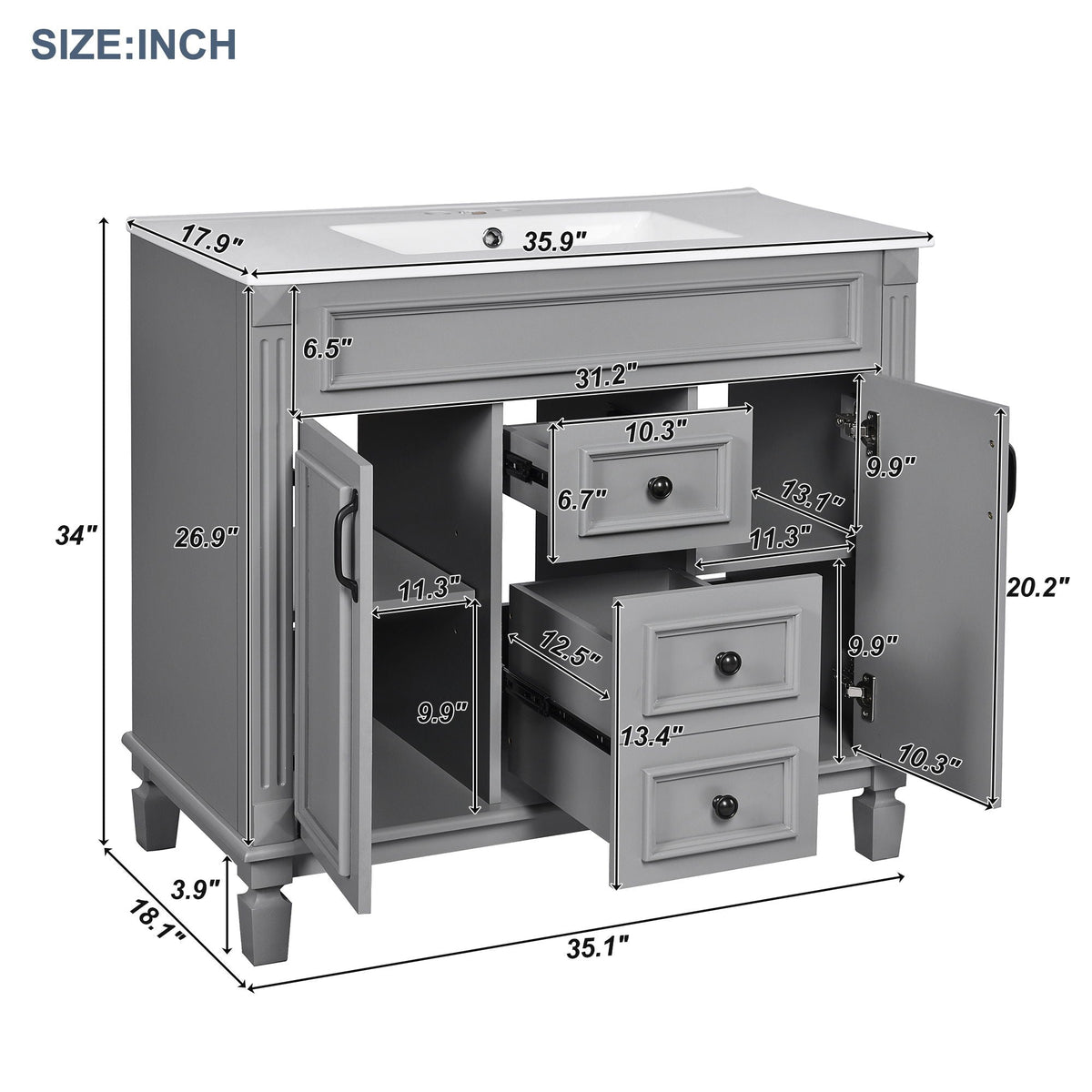 Bathroom Vanity with Sink and Mirror Cabinet with Soft-Closing Doors - Black, Blue, White, Dark Gray