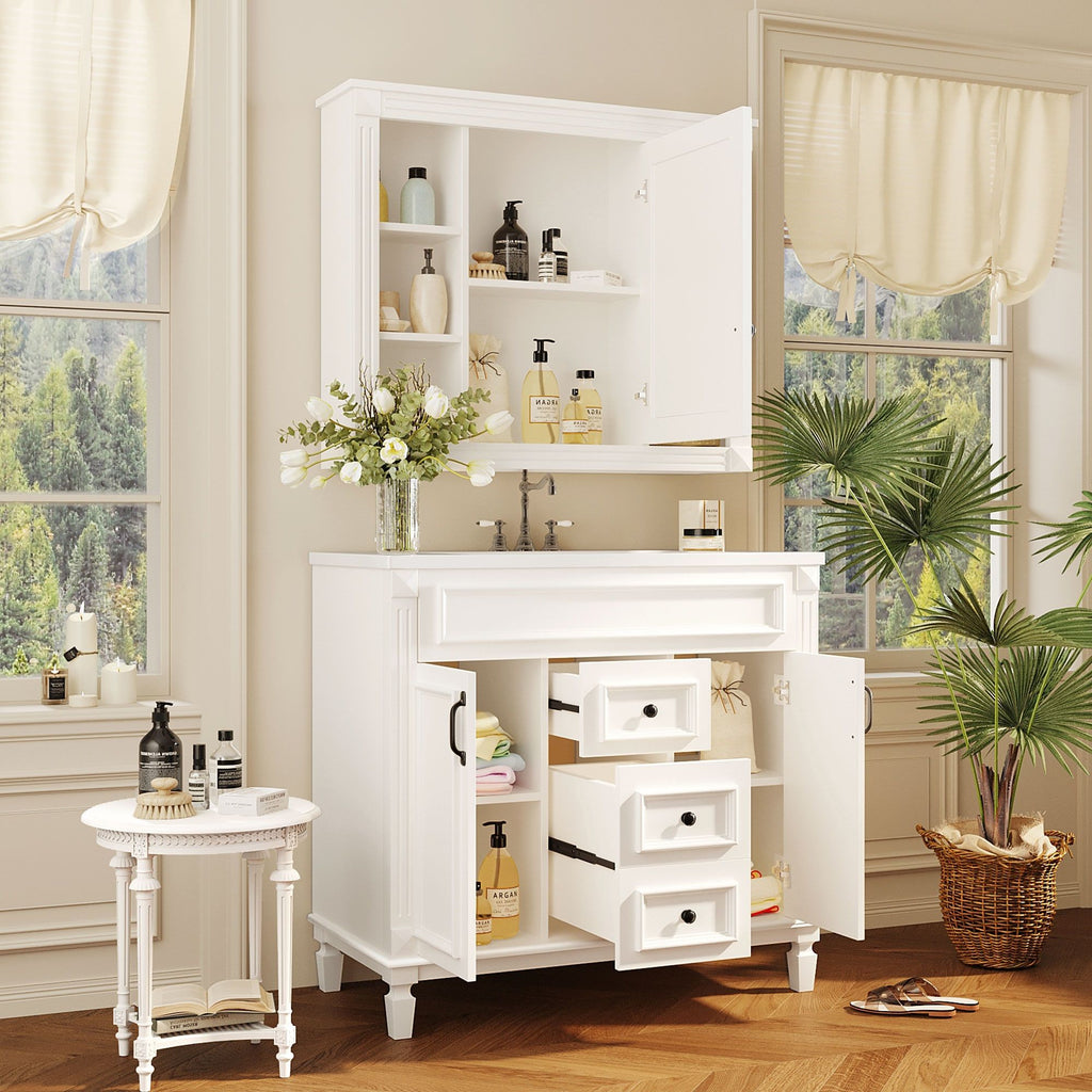 Bathroom Vanity with Sink and Mirror Cabinet with Soft-Closing Doors - Black, Blue, White, Dark Gray