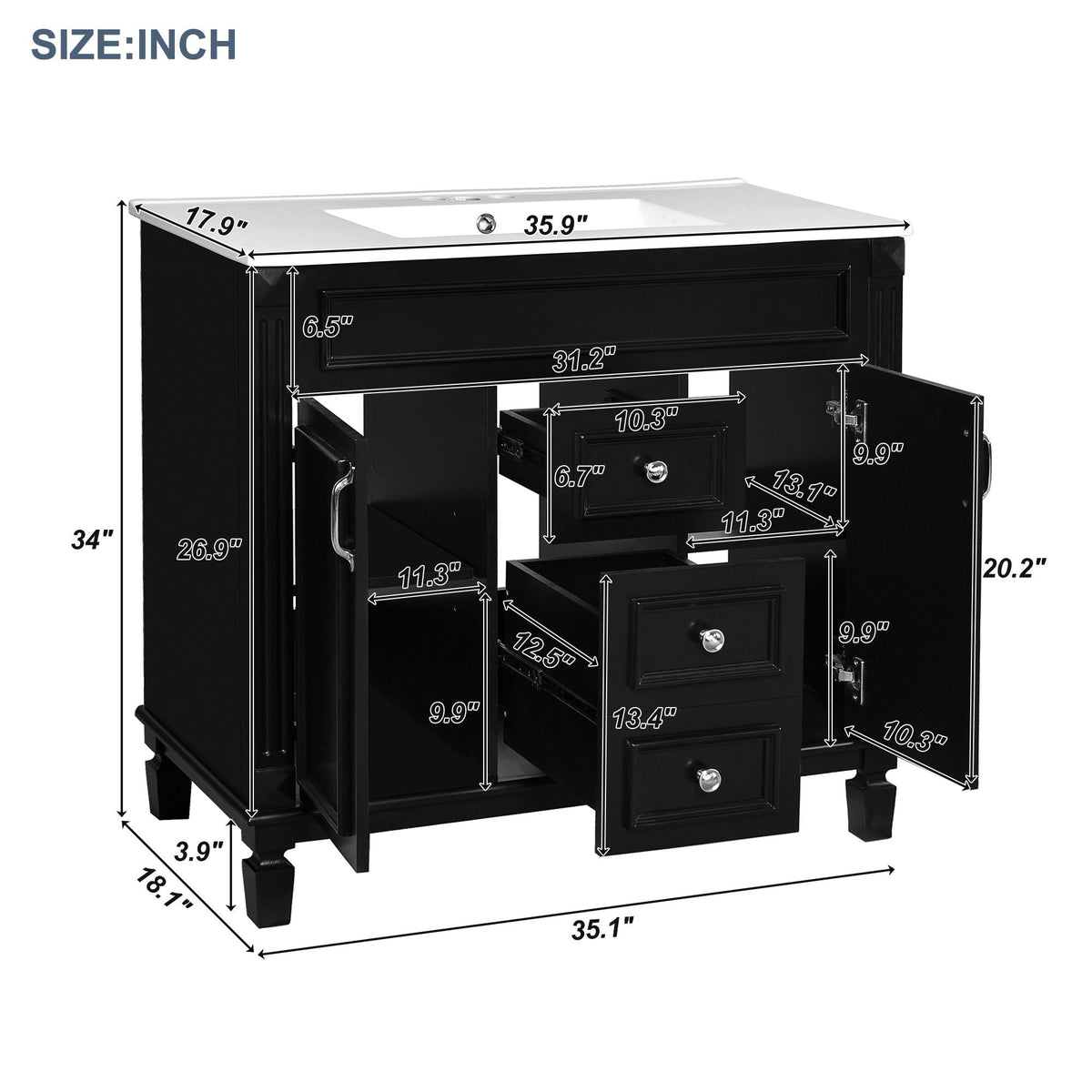 Bathroom Vanity with Sink and Mirror Cabinet with Soft-Closing Doors - Black, Blue, White, Dark Gray