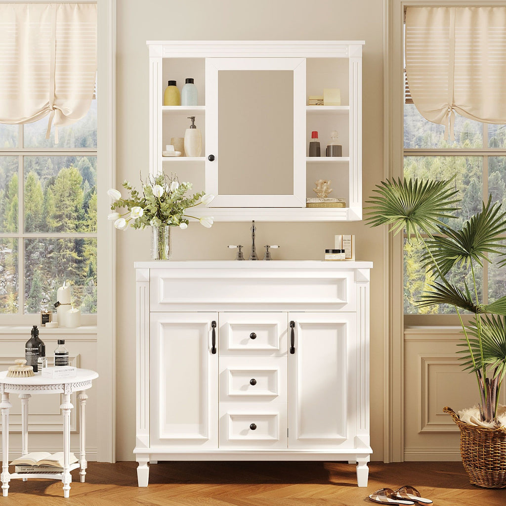 Bathroom Vanity with Sink and Mirror Cabinet with Soft-Closing Doors - Black, Blue, White, Dark Gray