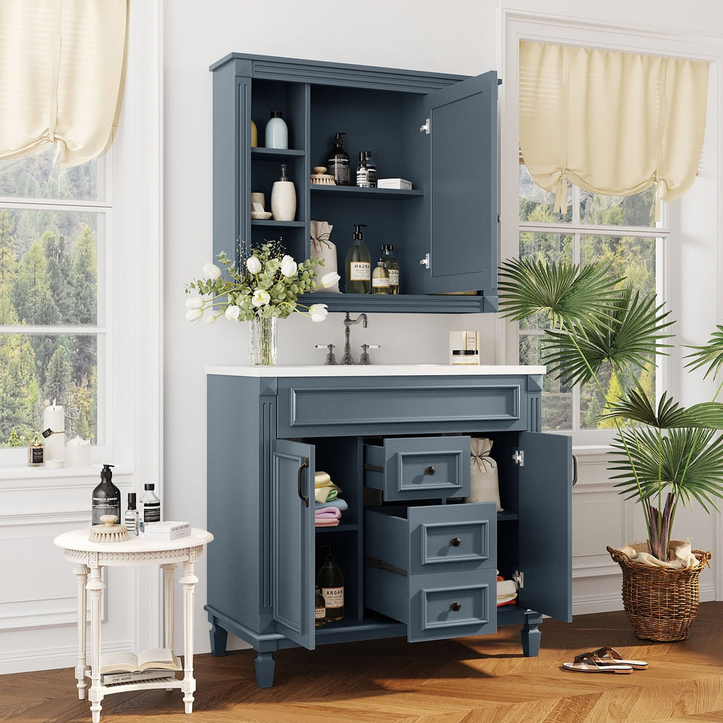Bathroom Vanity with Sink and Mirror Cabinet with Soft-Closing Doors - Black, Blue, White, Dark Gray