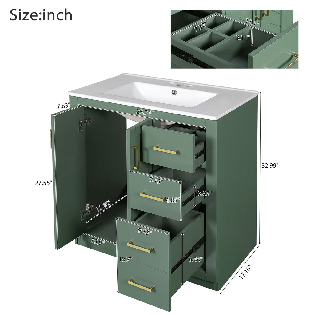 Bathroom Vanity with Ceramic Sink and Storage Cabinet - Dark Green, White, Black, or Blue